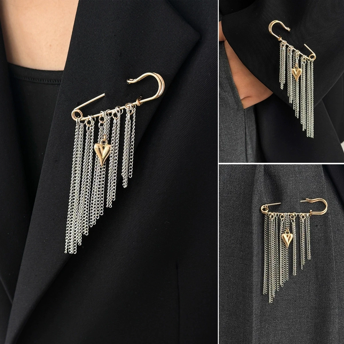 Exaggerated Multiple Tassels Chain Brooches for Women Clothing Accessories Fashion Love Heart Pendent Pin Jewelry Accessories