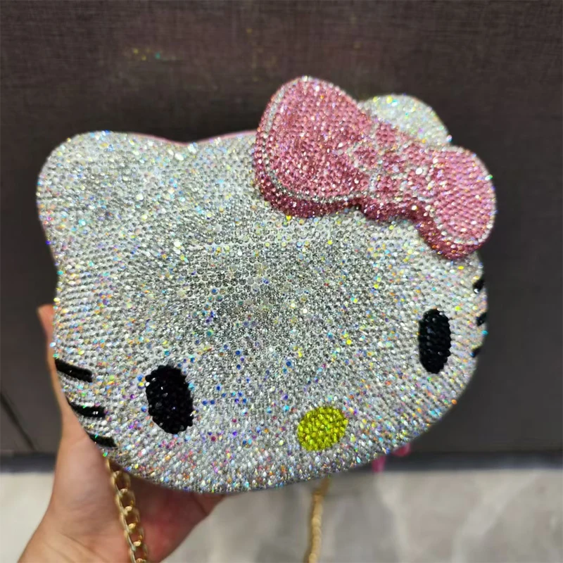 Sanrio Hello Kitty Cartoon Shape Dinner Bag Handmade Diamond Clutch Bag  Gift For Women New Anime Fashion Messenger Bag