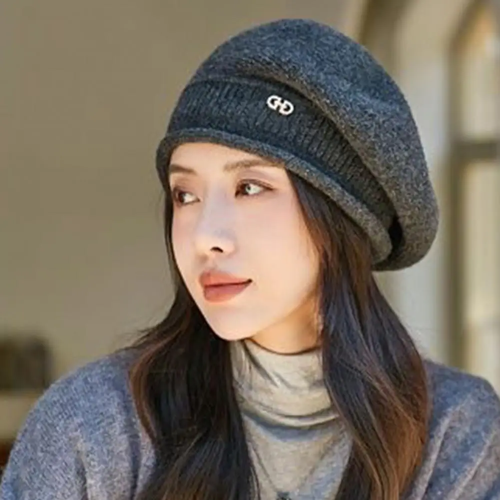 Ladies Winter Pile Hat Baggy Knitted Elastic Retro Women Cap Anti-slip Warm Beret Headwear For Outdoor Activities Daily Wear