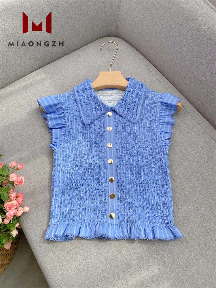 

Blue Slimming Ruffle Single Metal Buckle Blouse T-shirt Women's Sleeveless Turn Down Collar Short Tops 2025 Summer New Female