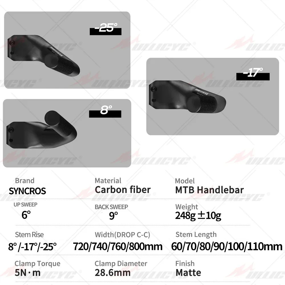 ​​Carbon MTB Handlebar SYNCROS T1000 250g, Multi-Angle Stem 60-110mm, Garmin Mount Compatible Ergonomic, for Trail & Adventure - Image 5