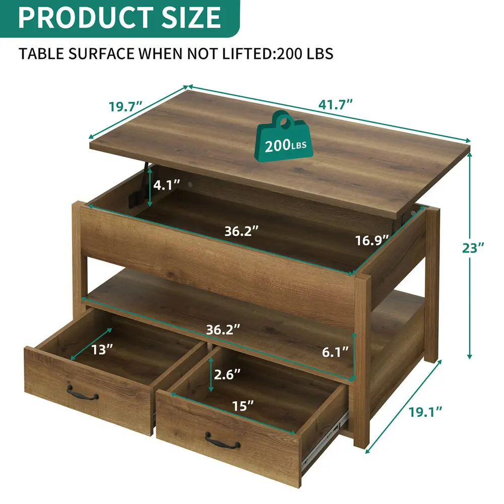 2 Drawer Lift Top Coffee Table Wooden with Hidden Compartment & Storage Shelves