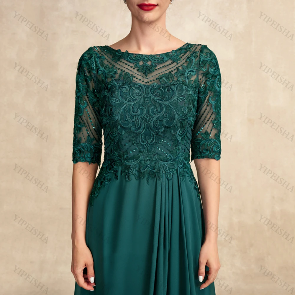 Verde o-collo a-line Chiffon madre della sposa abiti perline mezza manica Appliques Ruffles lungo formale abito da ballo di nozze