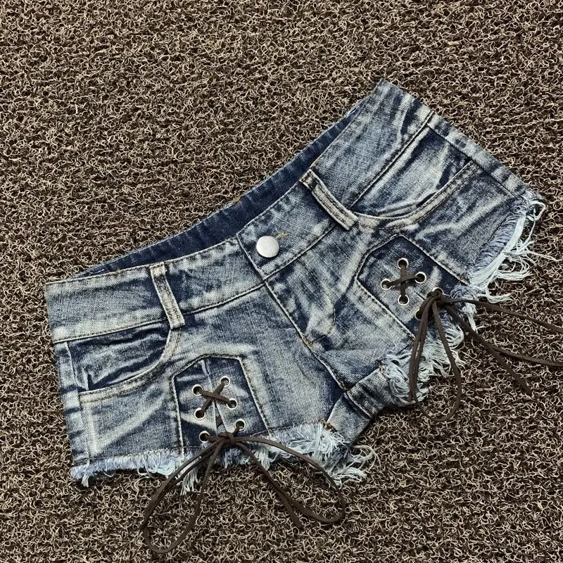 2026 Summer New Women's Sexy Holes Bandage Denim Shorts Nightclub Mini Micro Shorts
