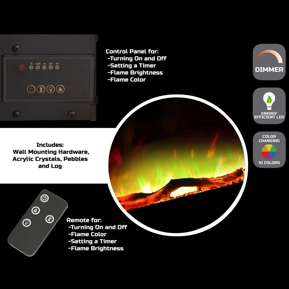 36 Inch Wall Mounted Electric Fireplace with Remote Color Changing Flames Adjustable Heat 10 Flame Options Safe Thermal Cutoff