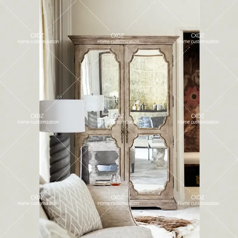 Solid Wood Wardrobe for Bedroom Two Door Oak Cabinet with Mirror Light Luxury Style Customizable Household Storage Furniture