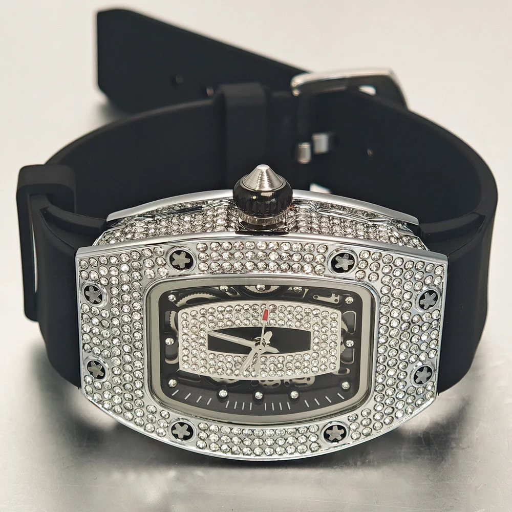2024 Hot Fashion Diamond Watch For Women Elegant Iced Jewelry Watches Girl Sport Rubber Strap Tonneau Wristwatch Ladies Gift