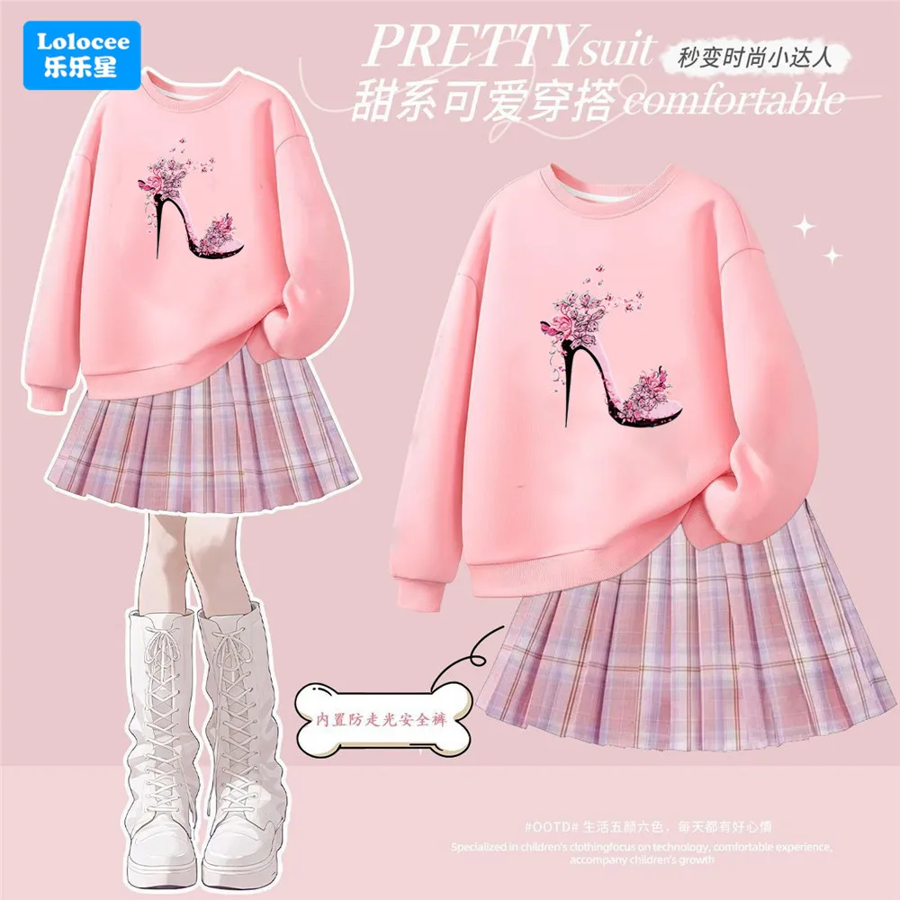 New Teens Clothes Set Girls Preppy Style High Heels Shoes Print Swetshirt+Plaid Skirt 2pcs Set Fashion Girl Outfit 3-14y GGX1