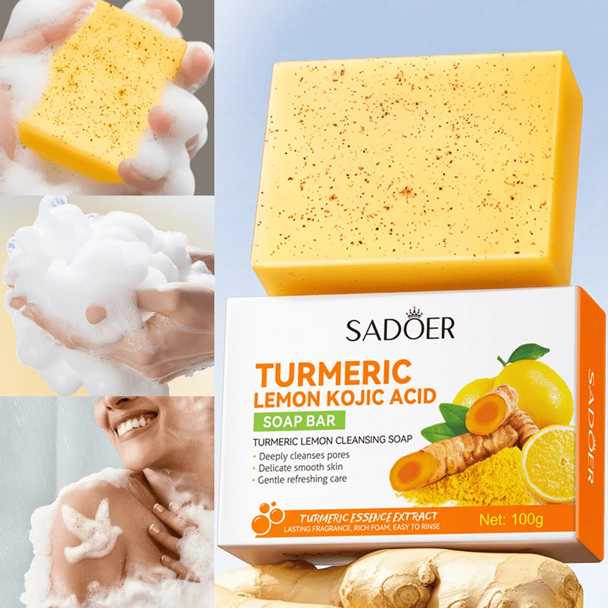 

1PC turmeric lemon soap cleanses the skin, creating rich and dense foam to gently remove dirt and oil from the skin.
