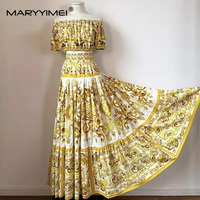 MARYYIMEI Fashion Design Summer Women\'s Suit Slash Neck Short-Sleeved Tops+Pleated Skirt Baroque printed Cotton Two Piece Set