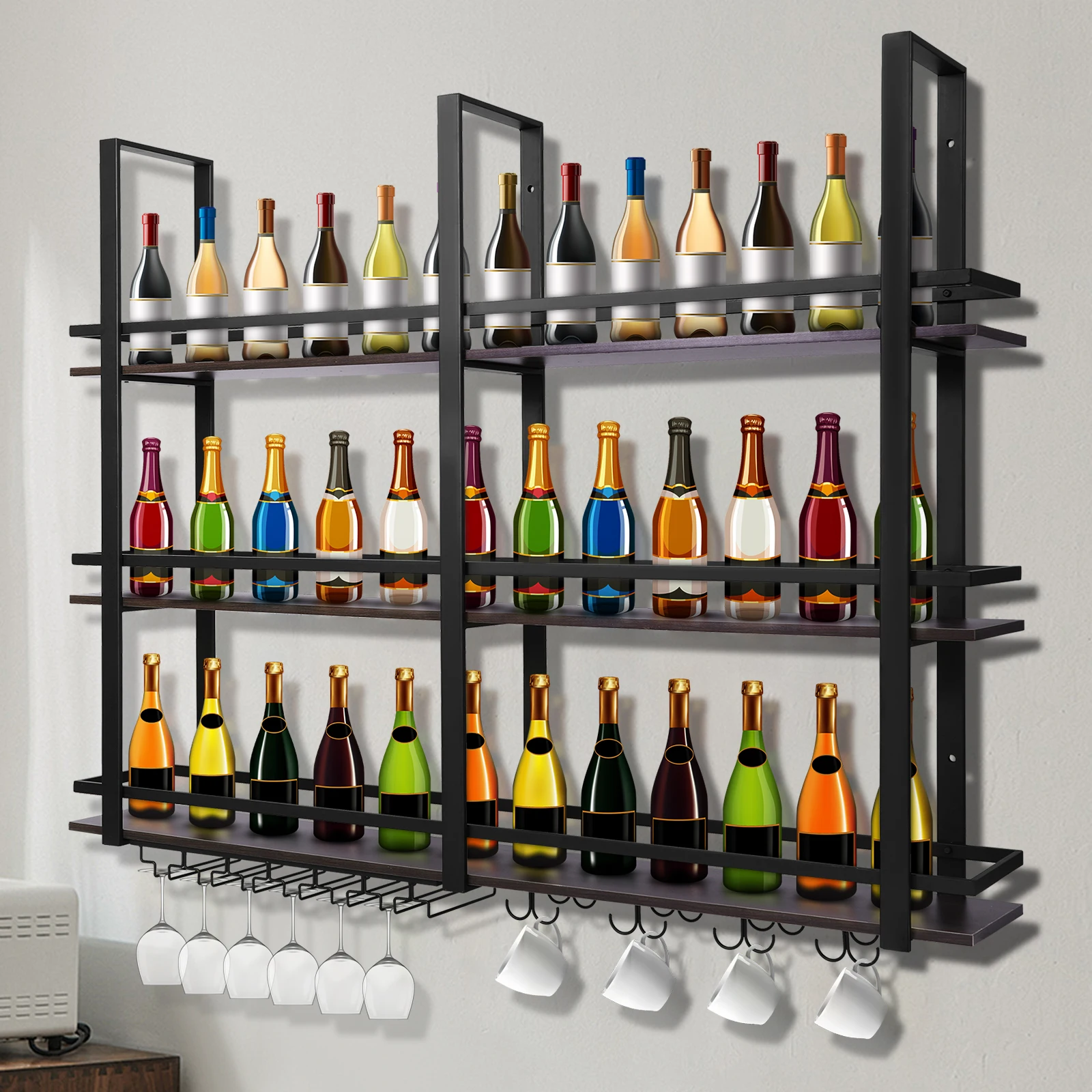 

63-Inch Multi-Tier Wall Mounted Wine Rack with Glass Holder Hanging Bar Liquor Storage Rack Metal Bar Liquor Shelves