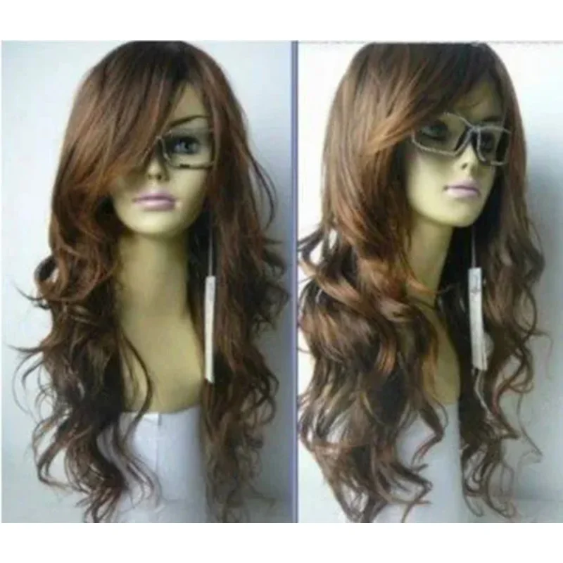 100% New High Quality Fashion Picture wigs Hot Sell! New long Vogue Light Brown Fashion Wavy hair wigs + free cap wg01s