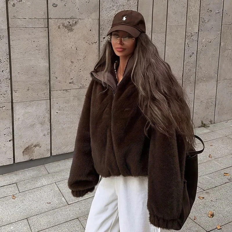 Woman Fur Coat Oversized Faux Fur Hooded Cozy Chic Coat Cropped Open Front Winter Cold Weather Plush Warm Thick Everyday Fashion