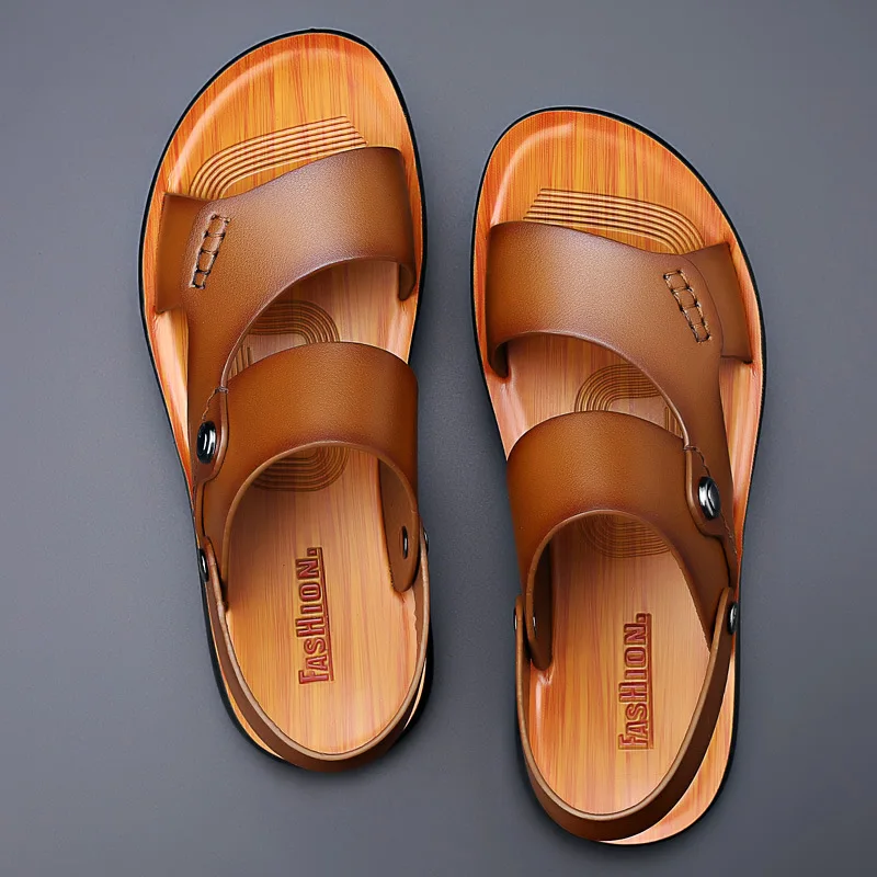 Sandals Summer Men New Fashion Men Slide Slippers Outdoor Genuine Leather Non-slip Shoes Beach Slip-On Sandals Travel Slippers