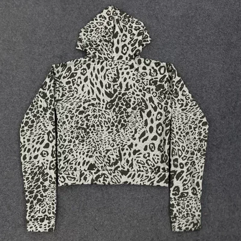 패션 하이 스트리트 레오파드 프린트 후드 스웨트셔츠 미국 가을 루즈핏 지퍼 긴팔 가디건 숏탑 여성 의류