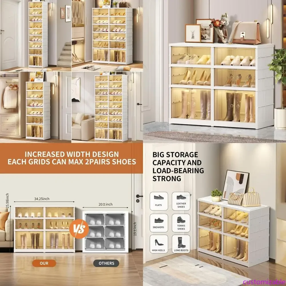 

Складной 3-ярусный пластиковый органайзер для обуви для хранения в шкафу - вмещает 12 пар, прозрачные штабелируемые коробки для обуви