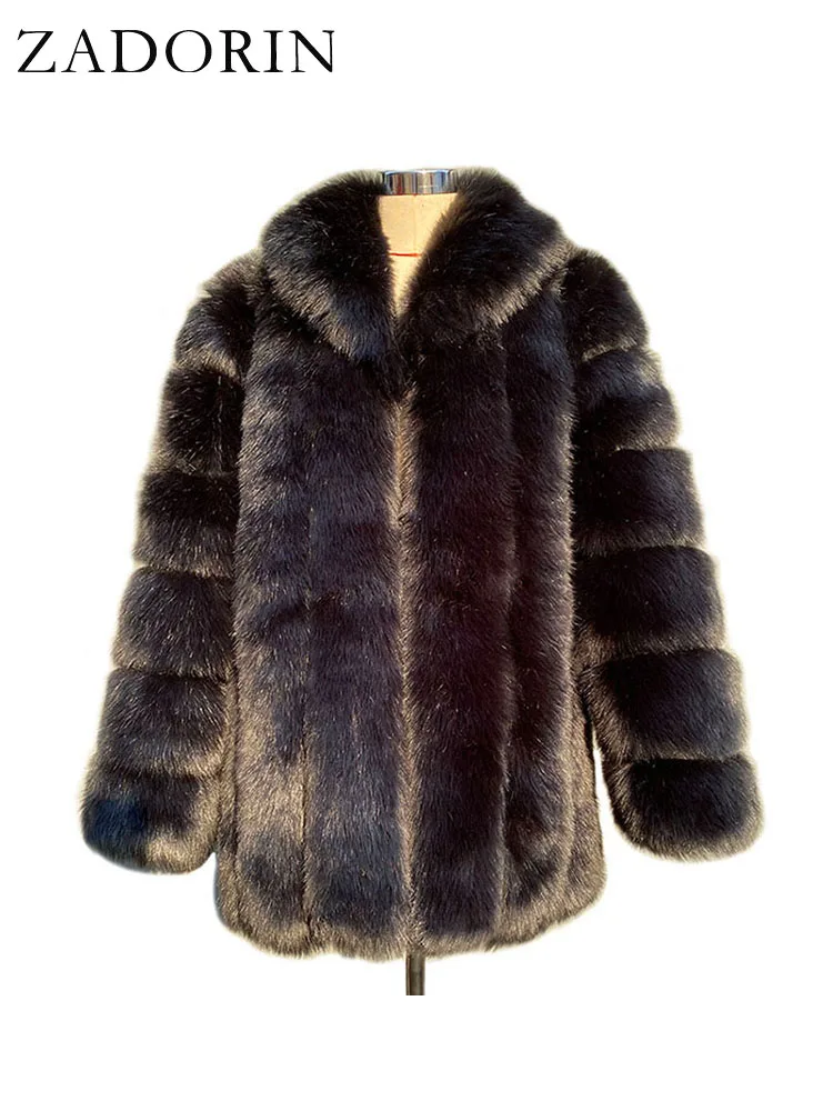 ZADORIN Elegante Drehen Unten Kragen Faux Fuchs Pelzmantel Frauen Lange Dicke Warme Flauschige Faux Pelz Jacke Winter Pelz Mäntel manteau Femme