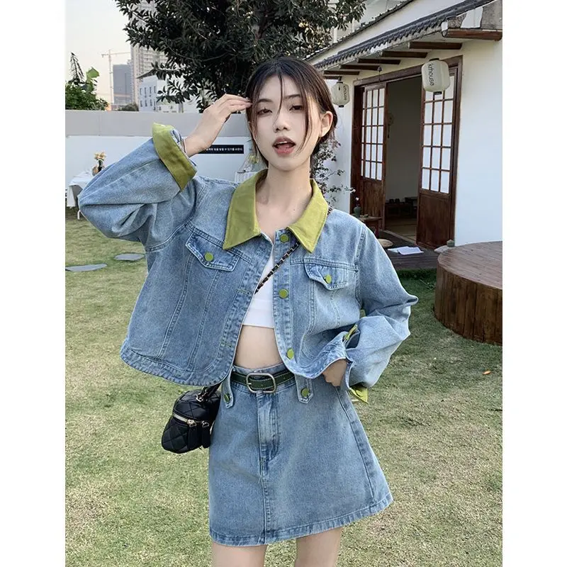 Spring Autumn Simplicity office Lady Solid color Long sleeve Denim jacket Women Fashion All-match High Waist skirt Two-piece set