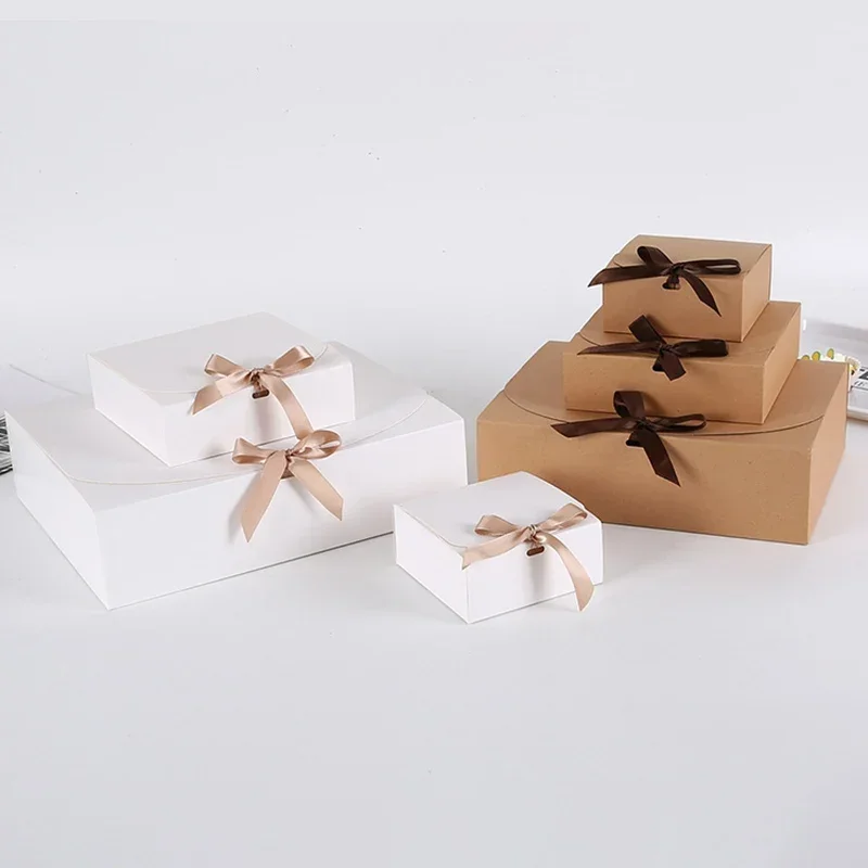 Bow Kraft Paper Gift Box Packaging Baking White Cake Box Christmas Decor 2021 Wedding Gift Cardboard Boxes çanta Party Supplies