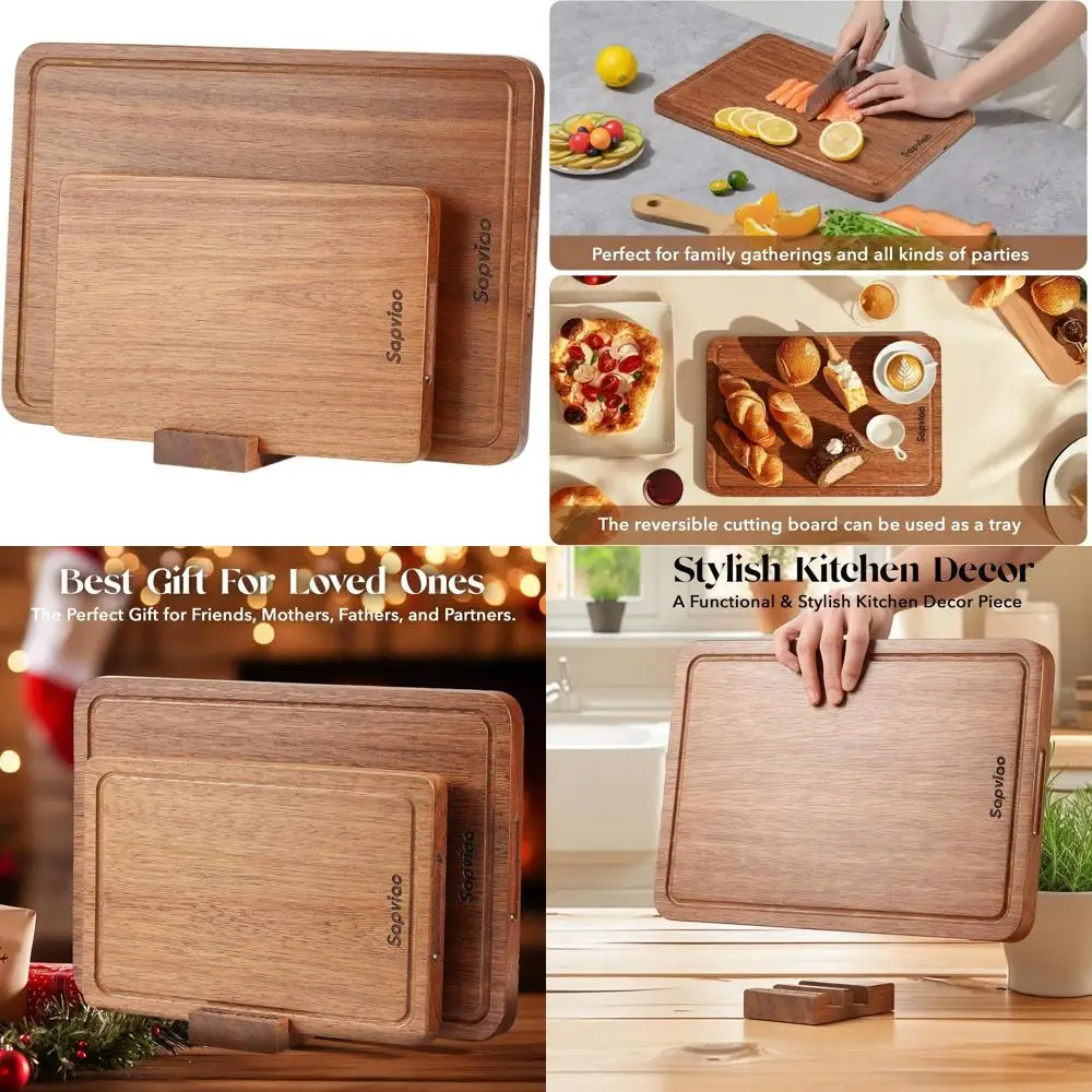 

Solid Teak Wood Chopping Board Set with Deep Juice Grooves, Built-in Handles, 15.7x11.2 & 11.8x7.9 Inches