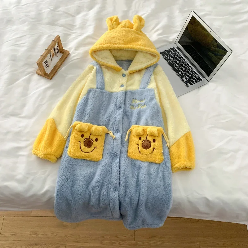 Cartoon Winnie the Pooh pajamas winter cotton plush hooded set new Disney 2 piece sets womens outfits loungewear trousers set