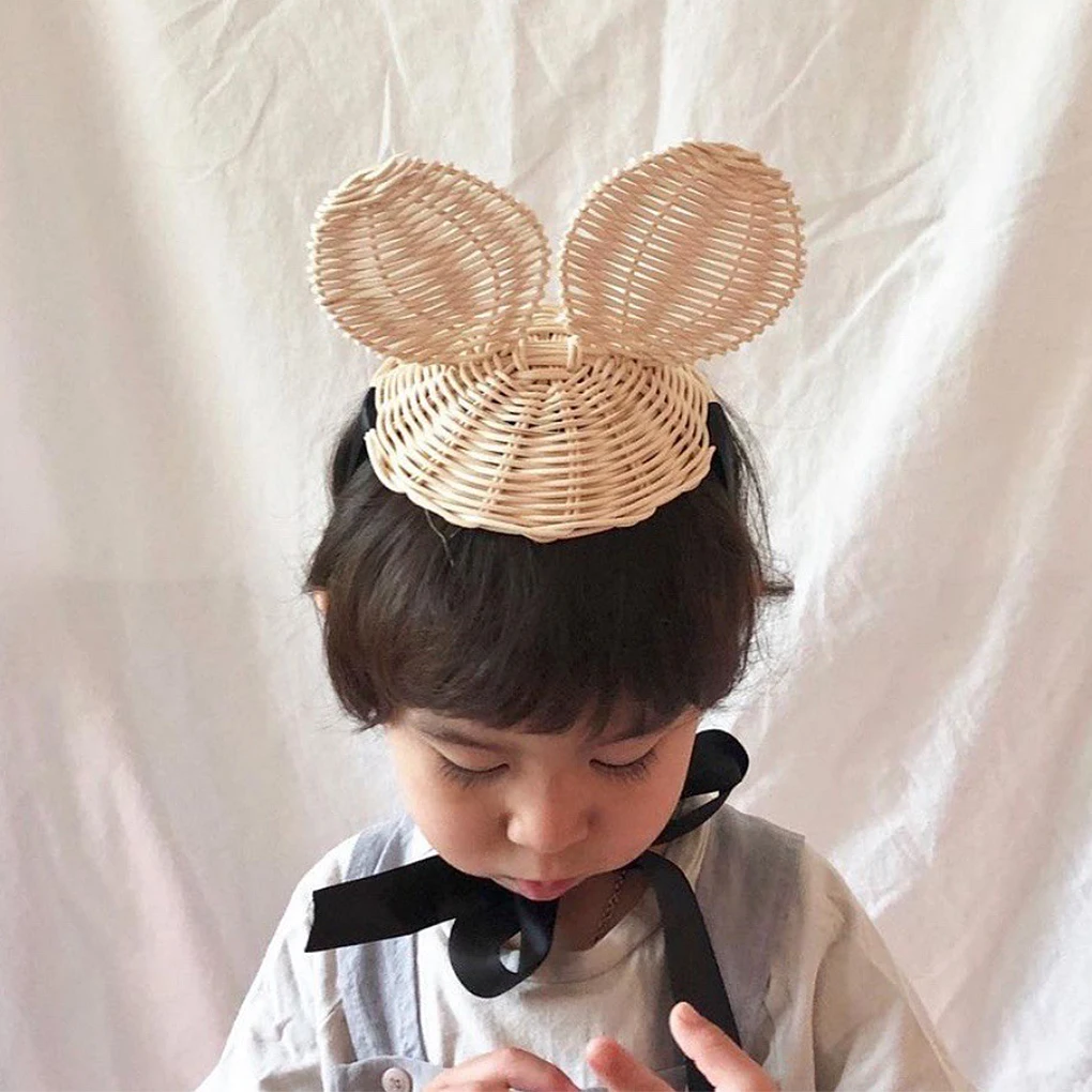 Children Hat Lightweight Photography Props Rattan Weaving Ear Design Adorable Cartoon Hats Home Beach Outdoor Decorations Bunny