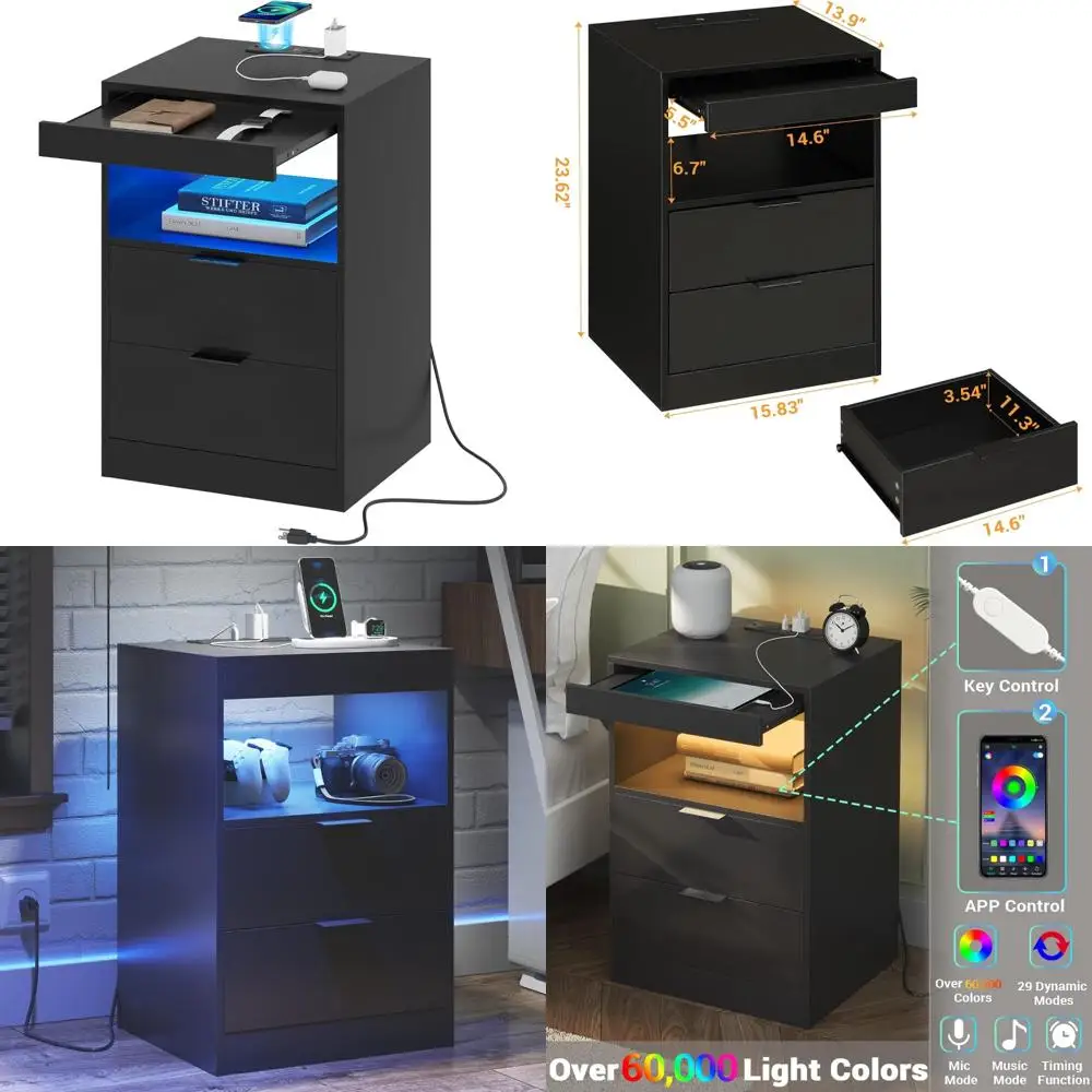

wireless charging led nightstand with 2 drawers and pull-out storage