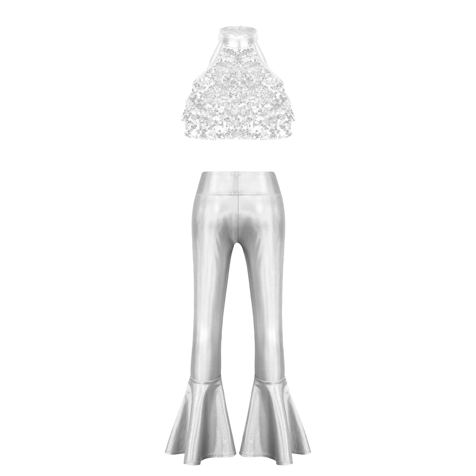 Children Girls Latin Cha-Cha Dance Set Sleeveless Sequins Backless Crop Top Pants for Jazz Hip Hop Performance Competition Wear
