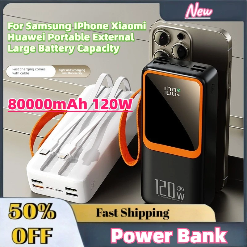 

Upgrade New 80000mAh 120W Power Bank Fast Charging for Samsung IPhone Xiaomi Huawei Portable External Large Battery Capacity