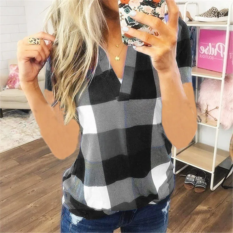 Mulheres vintage camisa de manga curta com decote em v camisas xadrez verão feminino blusa casual topos streetwear estilo coreano liquidação