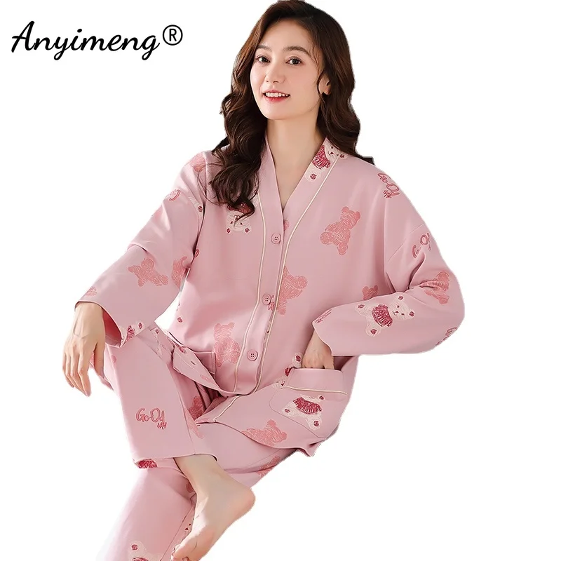 Kimono Plus Size 3XL 4XL 5XL Women Pajamas Set Autumn Spring New Long Sleeves Cotton Homesuits Elegant Woman Sleepwear Pijamas