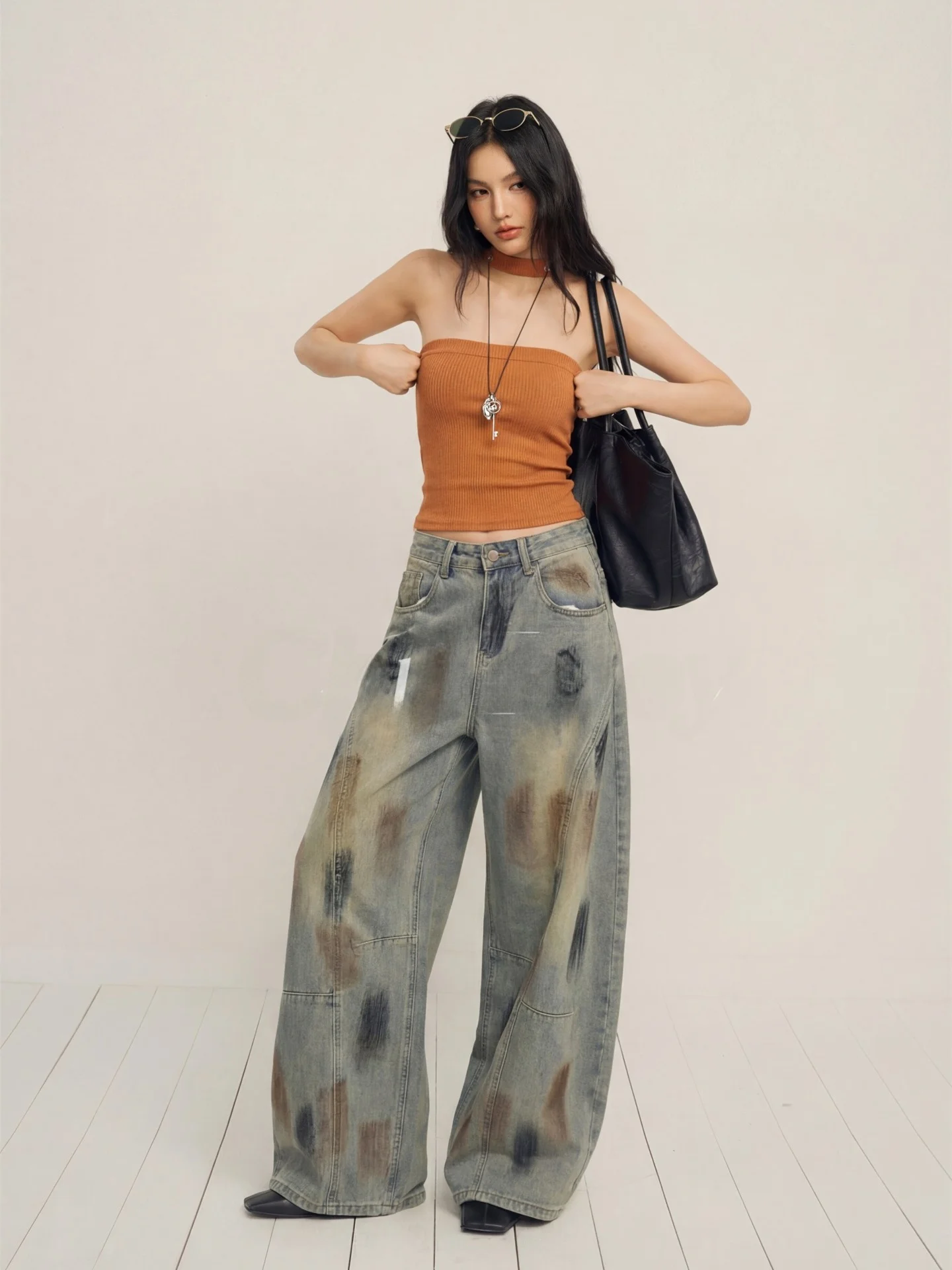 

Джинсы женские Chill Zoeys в винтажном стиле с граффити, драпированные, в пол, из смесового хлопка, комфортные, повседневные, с абстрактным узором