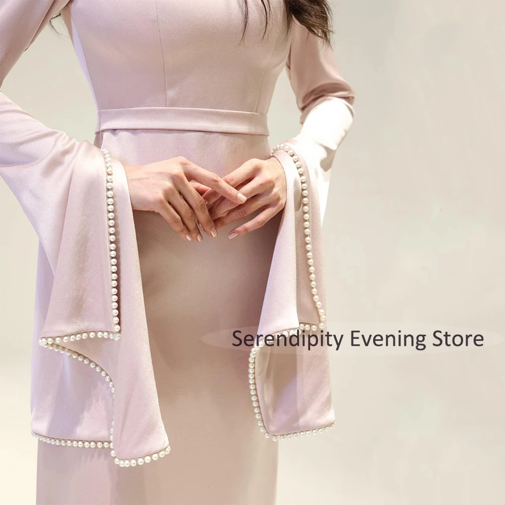 2025년 진주 장식 롱 슬리브 O넥 사우디 아라비아 웨딩 게스트 여성용 컬럼 파티 드레스, 등 트임 벨트 이브닝 드레스