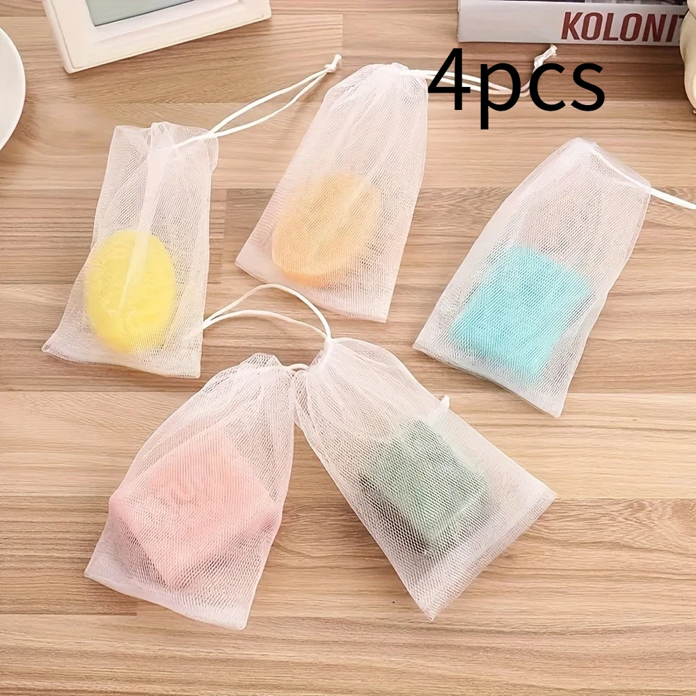 4pcs Foam Mesh Exfoliating Soap Bag - 10pcs Soap Bubble Mesh Bag with Drawstring Holder for Facial Foam Mesh