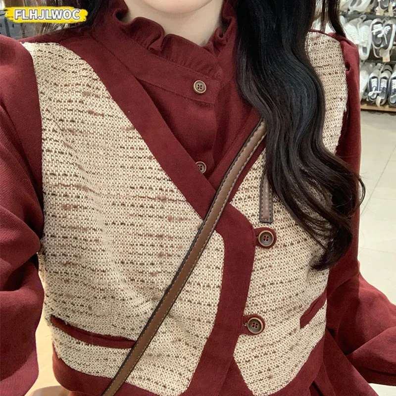 Año nuevo arte Mori niñas vestido largo Otoño Invierno Retro Vintage estilo japonés lindo dulce Y2K falso diseño de dos piezas vestido de pana