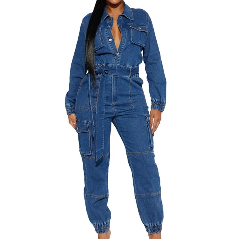 Long Sleeve Multi Pockets Elastic Waist Belt Cargo Jeans Overalls Denim Jumpsuit Women Loose Enterizos Para Mujer Streetwears