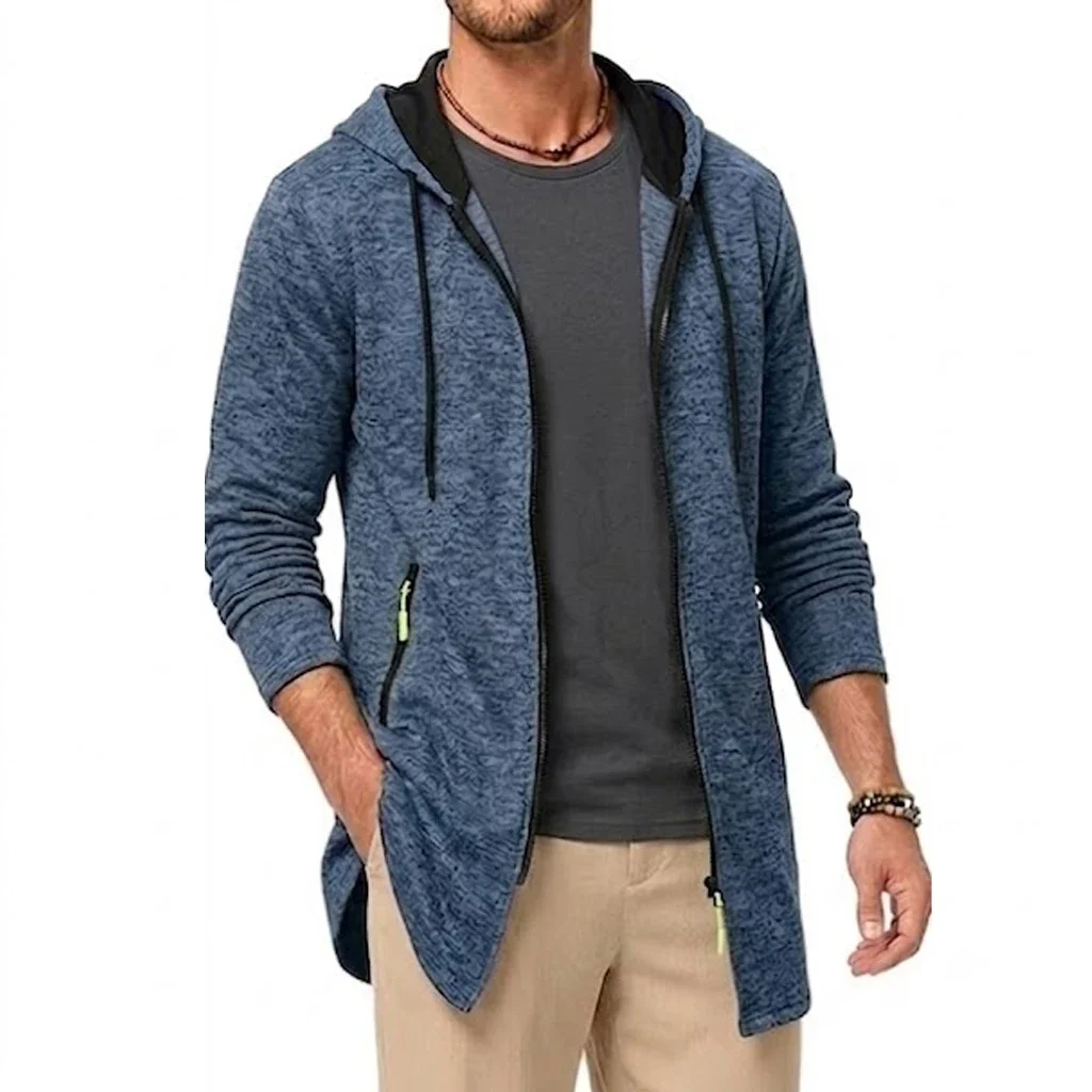 Neue Herren-Kapuzenjacke mit Reißverschluss, thermisch, winddicht, lässiger Fleece-Sweatshirt, Reißverschlusstaschen, langer Mantel für Outdoor-Aktivitäten, mit Kapuze – Detail 6