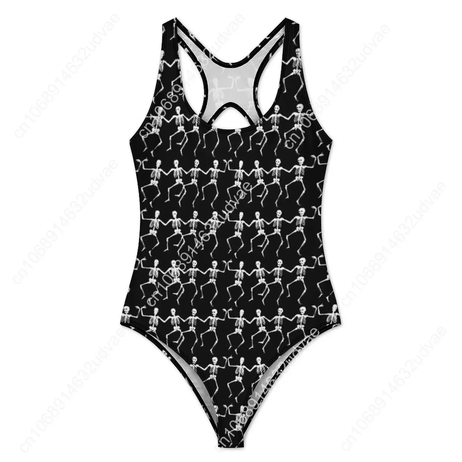 Spooky Halloween Print Swimsuit Sexy Dancing Skeletons One-Piece Swimwear Push Up Swimsuits Trend Sport Beach Wear