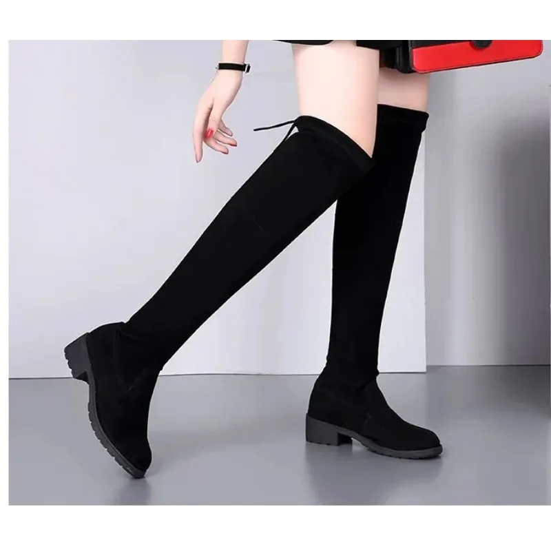 Women Boots Winter Black Over The Knee Boots 2024 New Comfort Lace Up Chunky High Heels Shoes Fashion Warm Suede Round Toe Boots