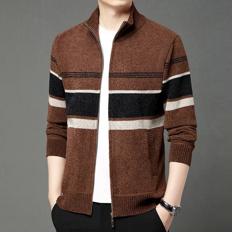 

2025 Men's Cardigan Casual Stand-Up Collar Striped Sweater