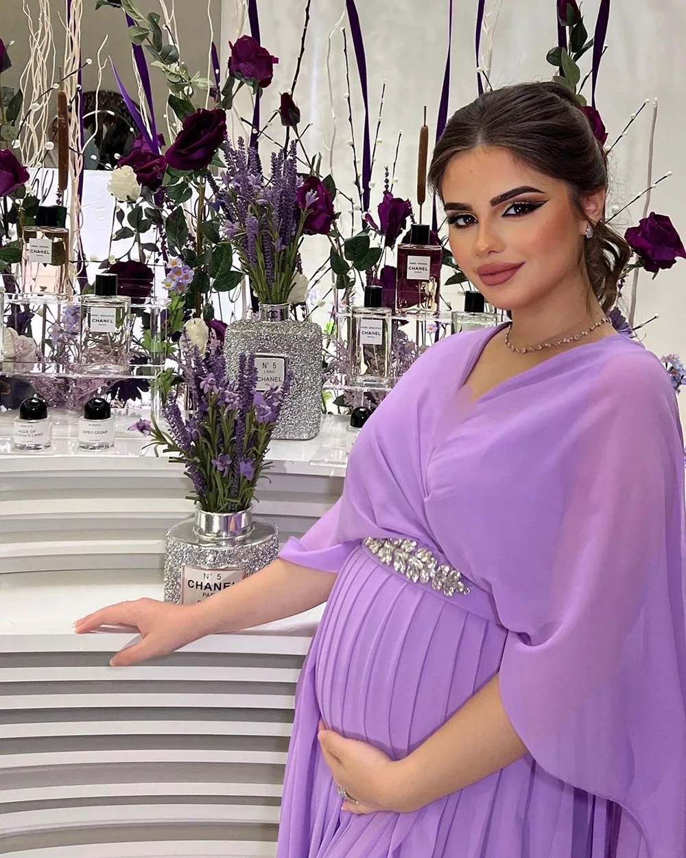 Msikoods Purple Prom Dresses With Pregnant Women Customized Crystal Belt Wedding Party Gowns Chiffon Dress Special Evens