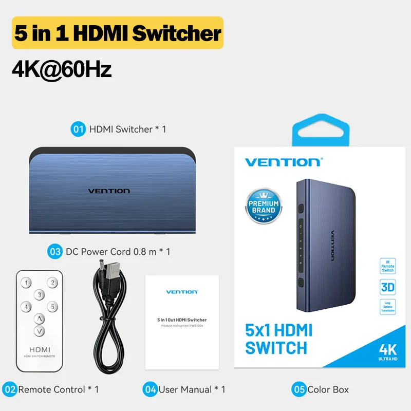 Ventie Nieuwe 5 in 1 HDMI Switcher 4K @ 60Hz HDMI 2.0 Ultra HD Splitter Met IR Afstandsbediening HDMI Switch Adapter voor PS5 TV Xbox Laptop