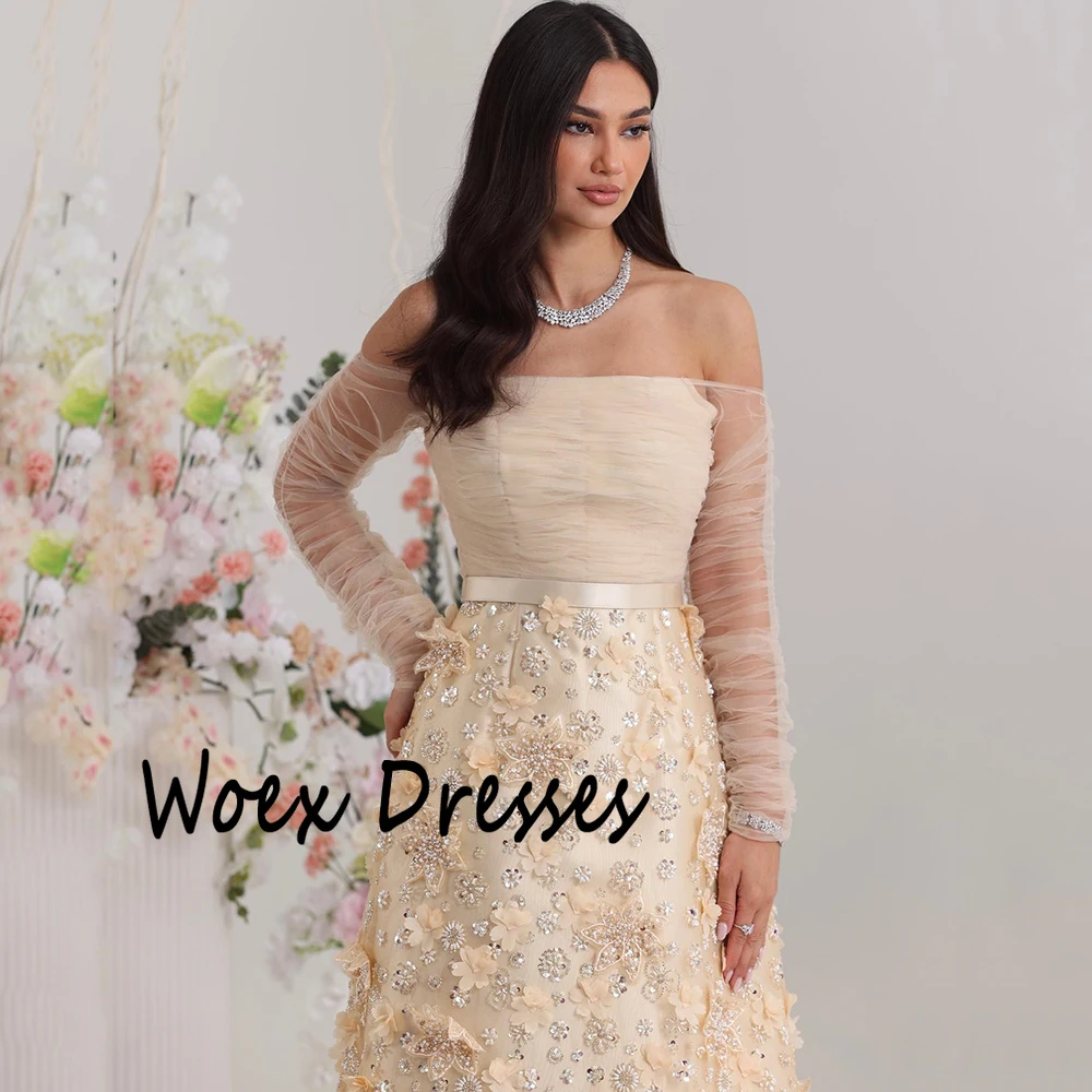 Sukienka wieczorowa bez ramiączek, satynowa, w kolorze szampana, z długimi rękawami, aplikacjami, trenem zamiatającym, sukienka na przyjęcie, długość do kostek, suknia na studniówkę.