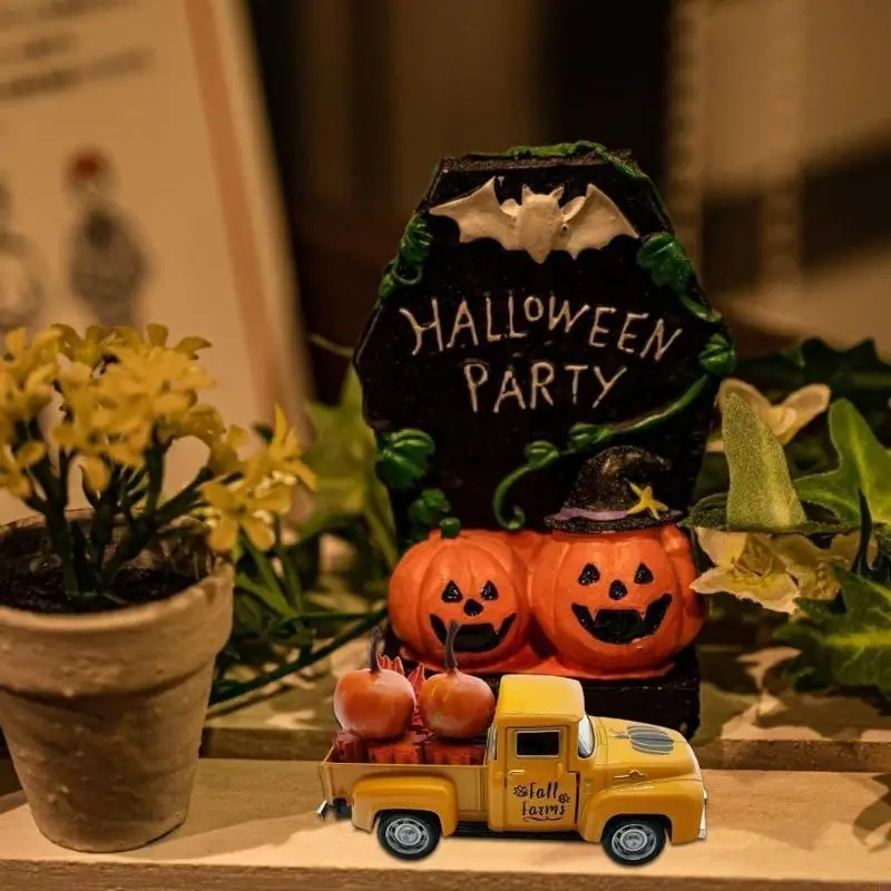 Miniature Metal Pickup Truck Model With Fall Harvest Pumpkin Maples Accent For Home Office Table Shelf Arrangement X3UC