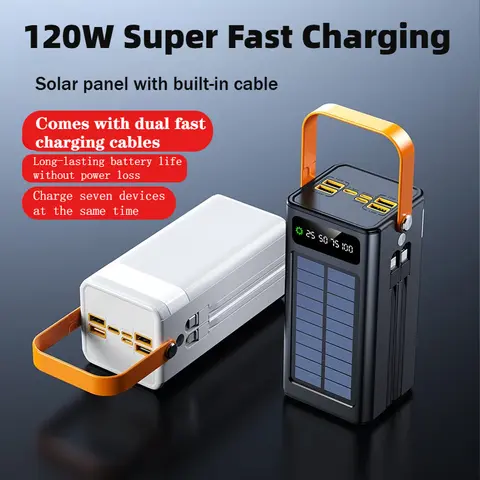 120W Solar Power Bank 200000mAh Large Capacity Portable Charger LED Flashlight External Battery Powerbank for Camping Travel