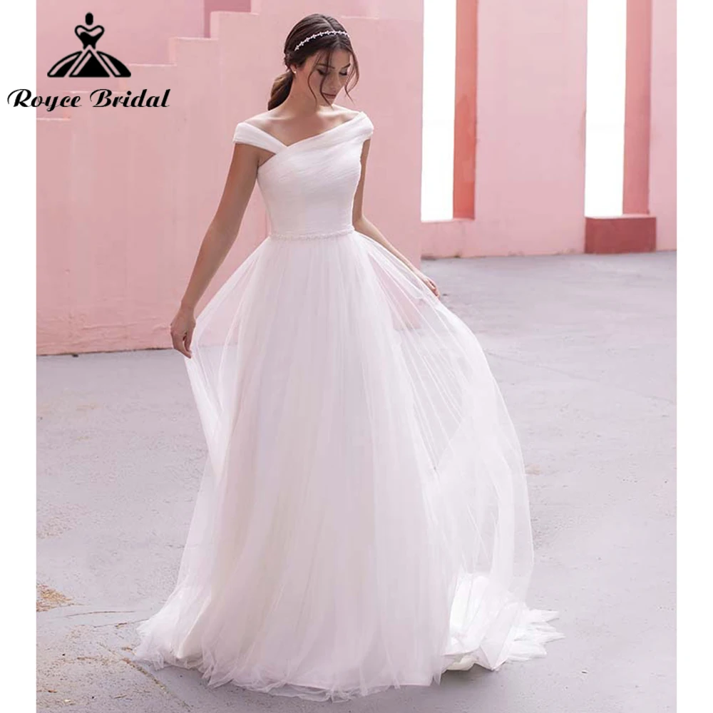 Simple Strapless Off the Shoulder Pleat Netting Boho A Line Wedding Dress For Women Beach Bridal Gowns Vestidos De Novia Robe