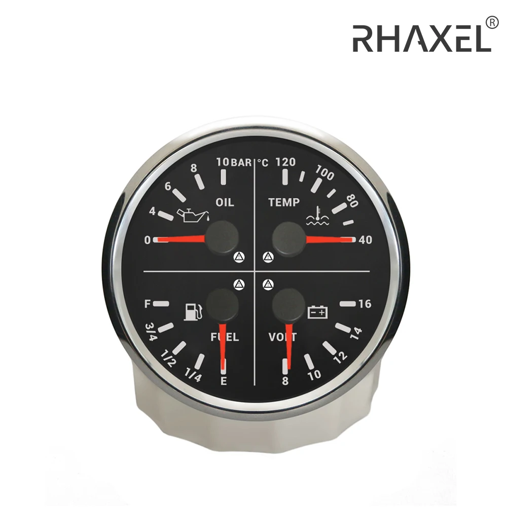 RHAXEL 4 in 1 Multi-Function Gauge Water Temp Fuel Level Oil Pressure 0-10Bar Voltmeter 12V with Alarm 110mm for Marine Boat RV