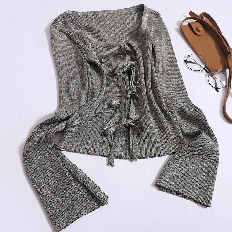 Fashion Bright Silk Thin Flash Bow Strap Casual Slim Knitted Cardigan Autumn Trumpet Sleeve Sweater Coats Female Cardigans Tops