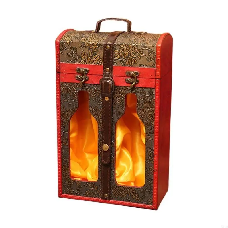 

Vintage Wooden Red Wine Box Packaging Gift Boxes Double Bottle for Carrier Stora N2UD