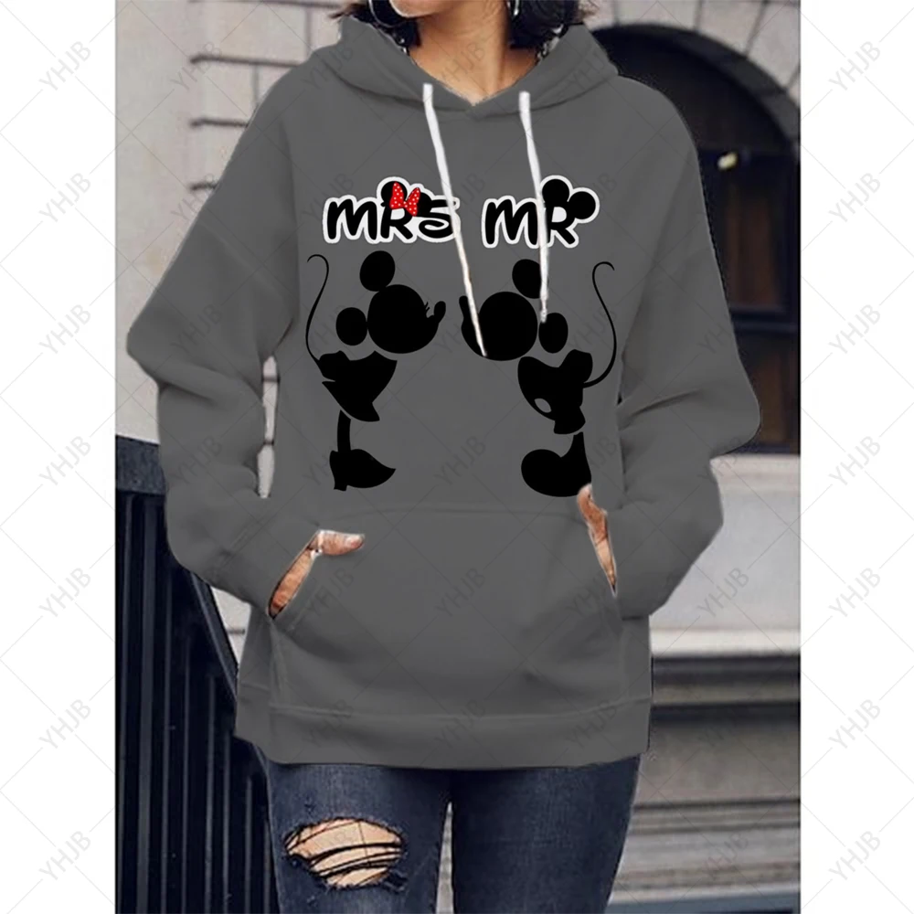 2024 Women\'s Fashion Casual Hoodie Fall New Disney Mickey and Minnie Print Crew Neck Long Sleeve Ladies Pullover